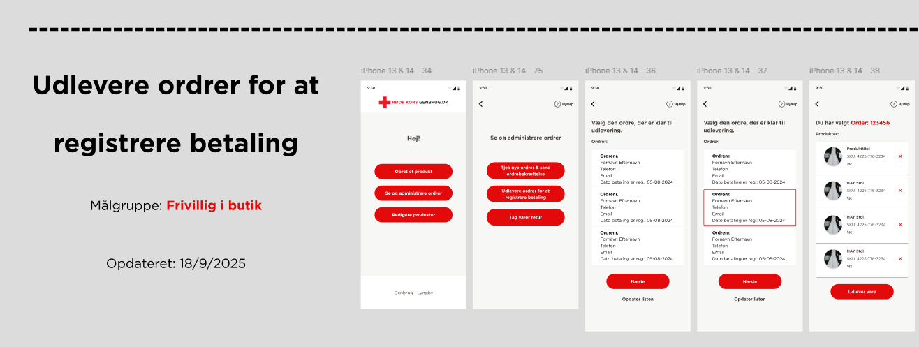 High-fidelity Røde Kors Genbrug screens in Figma showing the order pickup flow