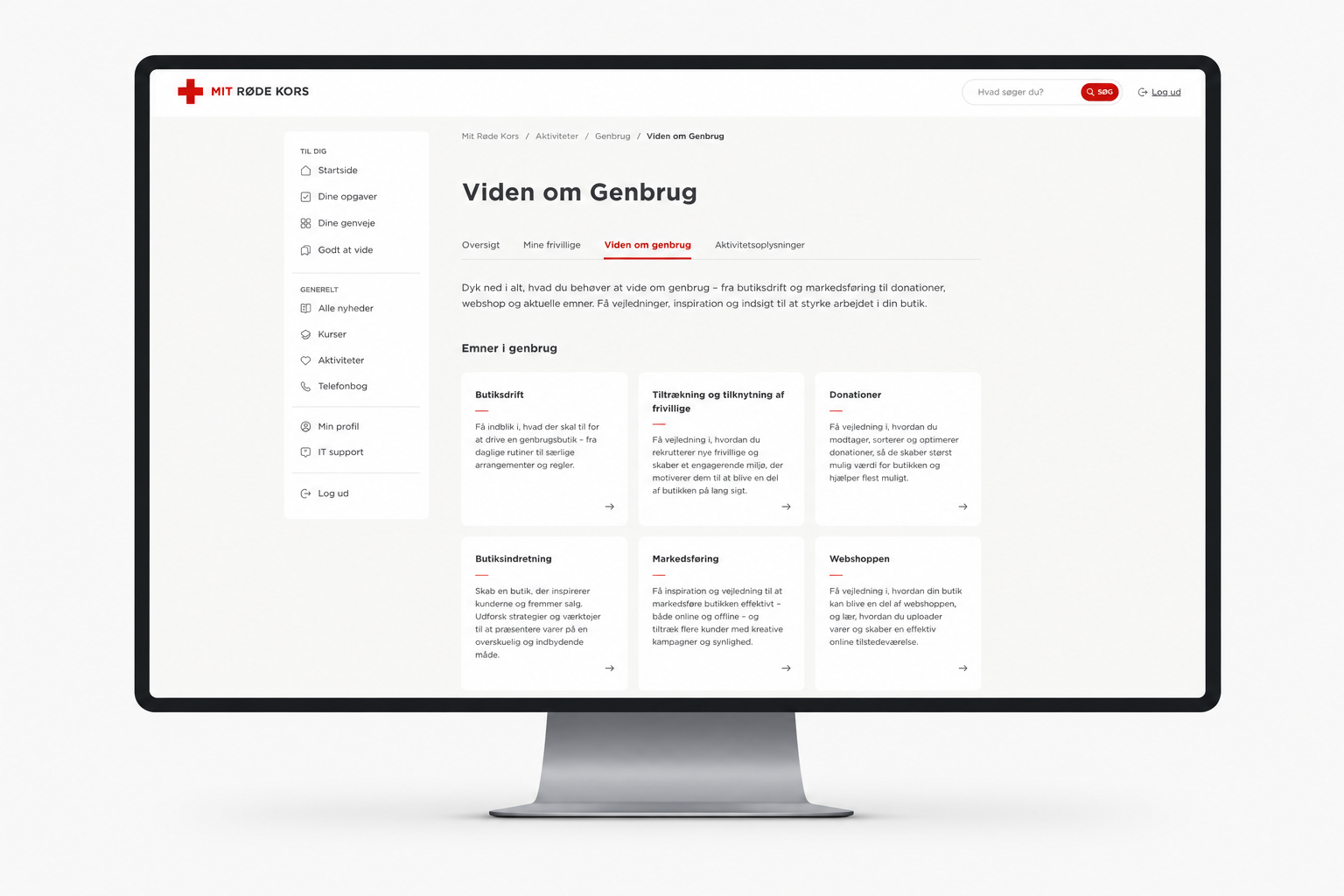 Mit Røde Kors intranet — Viden om Genbrug section with sidebar navigation and topic cards.